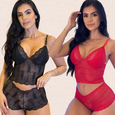 Imagem de Kit 2 Conjuntos Cropped Calcinha Caleçon de Renda Sem Bojo Sem Aro - L