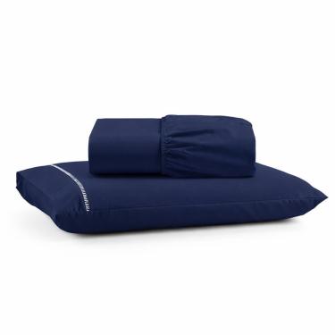 Imagem de Jogo De Lençol Solteiro Premium Soft 600 Fios Micropercal Azul Marinho Ponto Palito Toque Macio 2 Peças