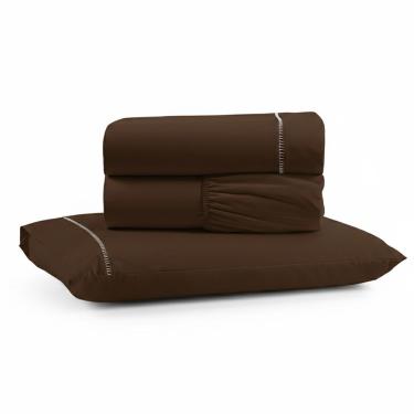 Imagem de Jogo De Lençol Solteiro Premium Soft 600 Fios Micropercal Marrom Ponto Palito Toque Macio 3 Peças