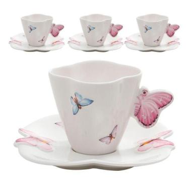 Imagem de Jogo 4 Xicaras De Chá Porcelana Com Pires Borboletas 200ml Wolff