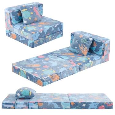 Imagem de MeMoreCool Cadeira Futon Dobrável Cama para Crianças, Sofá-Cama Brilhante Tri-Dobrável Colchão de Sofá Infantil Conversível, Sofá de Espuma para Sentar, Azul