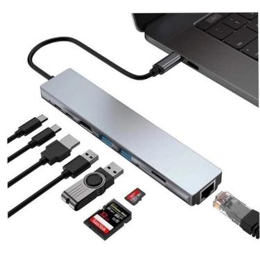 Imagem de Hub USB Type-C 8 em 1 Adaptador Type-C 8x1 com HDMI 4K, LAN, USB 3.0 e Leitor SD Cinza Exbom