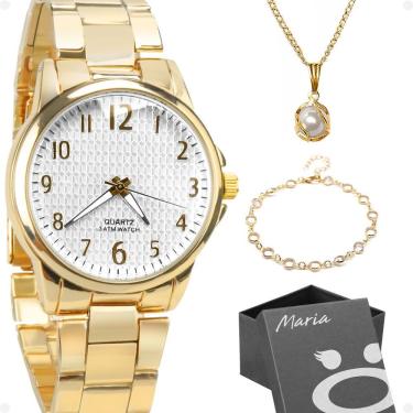 Imagem de Kit Relógio Feminino Orizom Maria em Aço Inoxidável Dourado com Colar Ponto de Luz e Pulseira Resistente