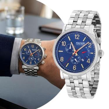 Imagem de Relógio Masculino Prata e Azul com Caixa e Pulseira de Aço Inoxidável 
