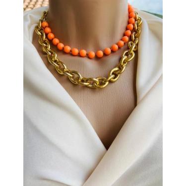 Imagem de Colares choker com elo grandes e miçangas folheado a ouro - Dondocas.B