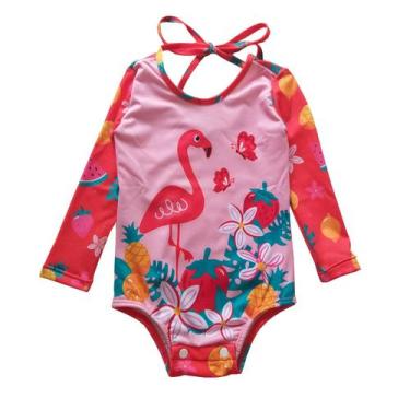 Imagem de Maiô Manga Longa Bebê Proteção UV Flamingos Vermelho Everly, 0-3M