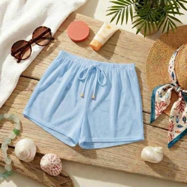 Imagem de Short Saída de Praia Feminino Crepinho Cordão Pingente Cor:Azul BebêTa