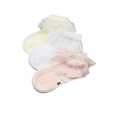 Imagem de Meias infantis DoMii com babados e meias de renda para meninas, meias de tornozelo com babados, pacote com 3, 3 Pairs, M(3-5T)