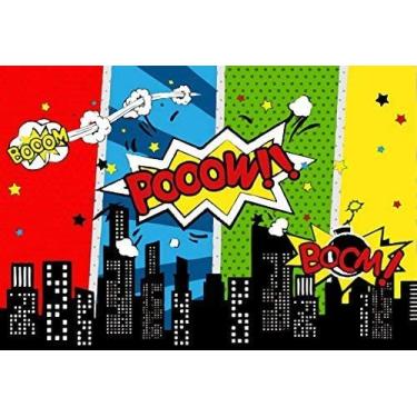 Imagem de Yeele 1,5 x 3,0 m Cartoon Comic City Super Hero Photography Backdrop Vinyl Humor Abstrato Super-herói Bebê Shower Photo Background for Girl Kid Birthday Party Photo Video Shoot Studio Prop Wallpaper
