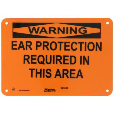 Imagem de Master Lock S25800 25,4 cm de largura x 17,7 cm de altura polipropileno, placa de segurança preta sobre laranja, cabeçalho "Aviso", legenda "Proteção de ouvido necessária nesta área"