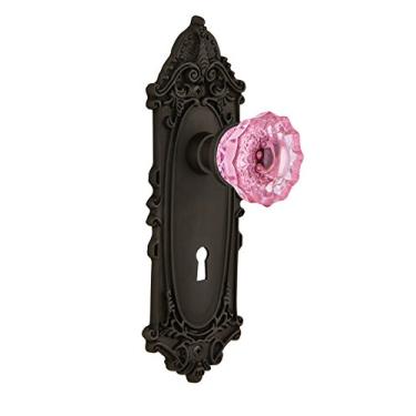 Imagem de Nostalgic Warehouse 726568 Maçaneta de porta de vidro rosa cristal interior com placa vitoriana em bronze polido a óleo, 2,25 com abertura