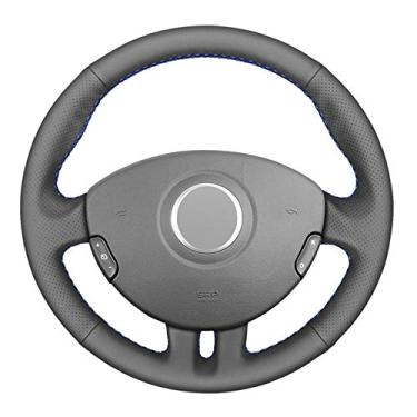 Imagem de MVMTVT Capa de volante de carro para Renault Clio 3 2005-2013, Capa de volante de carro costurada à mão DIY couro PU preto