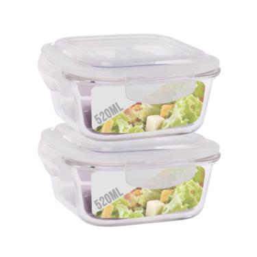 Imagem de Jogo 2 Pote Vidro 520ML Forno Microondas Quadrado Hermetico