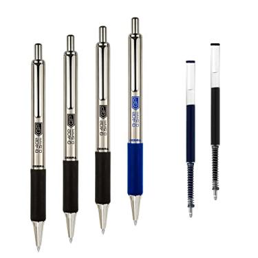 Imagem de Zebra Pen Canetas de gel G-402, pacote com 4 com 2 recargas, 3 pretas e 1 tinta azul, ponta fina de 0,5 mm, barril de metal premium, aderência emborrachada confortável, clipe de metal seguro, bolso