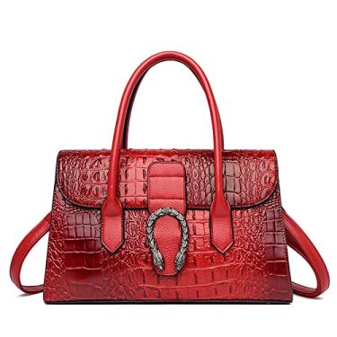 Imagem de Bolsa de ombro feminina com alça superior de couro padrão de crocodilo bolsa de mão feminina média fashion, Vermelho