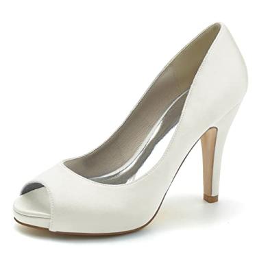 Imagem de Sapatos de noiva stiletto femininos escarpins de cetim marfim Peep Toe salto alto sapatos sociais,Ivory,4 UK/37 EU