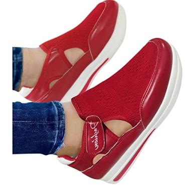 Imagem de Sandálias plataforma femininas tênis de malha moda casual respirável caminhada sapatos esportivos confortáveis tênis de malha, Vermelho, 8.5