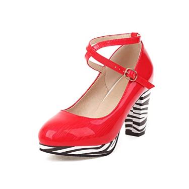 Imagem de Salto alto grosso de plataforma feminino salto alto bloco tira no tornozelo salto plataforma salto redondo bico redondo fivela no tornozelo sapatos casamento escarpins, vermelho, 37 EU/6US