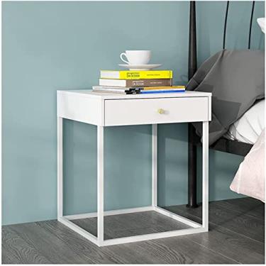 Imagem de Mesa de cabeceira de ferro minimalista nórdico branco, mesa de cabeceira criativa com 1 gaveta para quarto cinza, armário de cabeceira preto, mesa de cabeceira de armazenamento doméstico 43X41X50CM