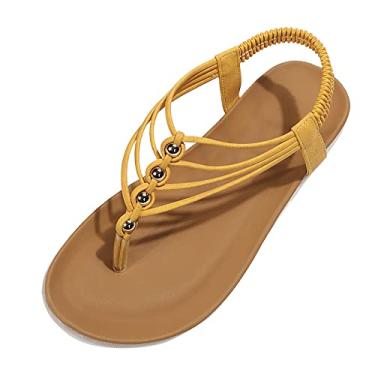 Imagem de Sandálias de praia femininas vintage de cadarço femininas verão elástico casual bico aberto plano confortável sola macia sapatos de praia sandálias (amarelo, 37)