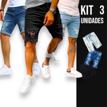 Imagem de Kit 3 Bermudas Jeans Skinny Rasgadas Masculinas Casual Elastano Short