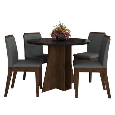 Imagem de Mesa Redonda Com Vidro 4 Cadeiras Bélgica Imbuia/preto/cinza - M.a