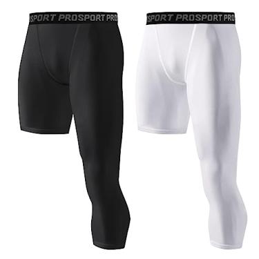 Imagem de Blaward Pacote com 2 calças de compressão masculinas de basquete de uma perna única legging atlética camada básica roupa íntima 3/4 ou completa, Preto+branco#esquerda, 3G