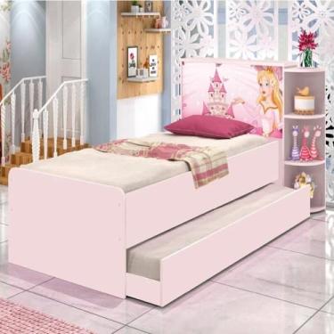 Imagem de Kit Cama De Solteiro Rosa Para Menina com Cabeceira Baú Luxo Personagem Princesas + Cama Auxiliar Rosa Liz Para Colchões de 0,88x1,88