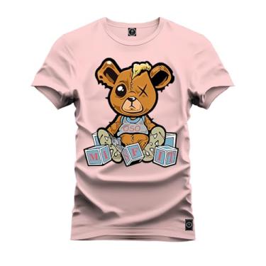 Imagem de Camiseta Plus Size Casual 100% Algodão Estampada Urso Marrom Boladinho Rosa G5