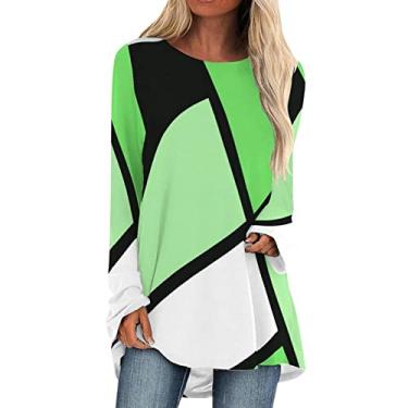 Imagem de Camiseta longa grande para mulheres com estampa colorida em bloco, gola redonda, túnica para usar com leggings Primavera Camiseta Blusa feminina curto Top Patchwork colorido H77-Verde Small
