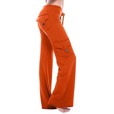 Imagem de BFAFEN Calça cargo feminina com bolsos, perna reta, calças de ioga, cintura ajustável, moda urbana, Calça cargo feminina larga laranja, 4G