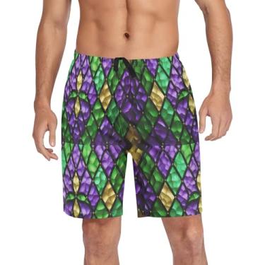 Imagem de CHIFIGNO Shorts de pijama masculinos, shorts de pijama masculinos confortáveis com bolsos com cordão, Mardi Gras verde e roxo, M