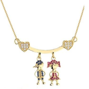 Imagem de Colar Corrente Feminina Pingente Filhos Filhas Casal 2 Meninas 2 Meninos Banhado a ouro 18k Cravejado com pedra zircônias Santo Estillo Semijoias (Casal)