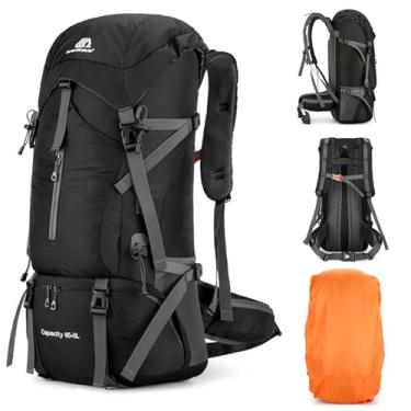 Imagem de OSWIN Mochila de caminhada de 65 + 5 L, mochila de viagem para mulheres, mochila de acampamento, mochilas masculinas, capa de chuva à prova d'água (preto), Preto, Large, Caminhadas
