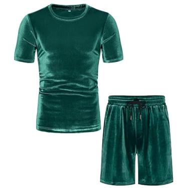 Imagem de KISSQIQI Conjunto de 2 peças de agasalho masculino de veludo casual de manga curta e camisa de veludo dos anos 80 e 90, Verde, G