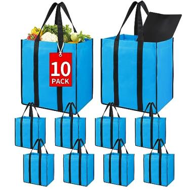 Imagem de Bodaon Sacos de mercearia reutilizáveis dobráveis de cozinha com fundo de plástico, sacola utilitária a granel, carrinho de compras reutilizável dobrável grande para mantimentos, sacolas de armazenamento resistentes, cesta de compras (azul)