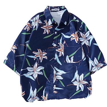 Imagem de Camiseta masculina estampa floral manga curta moda casual férias praia camiseta amigável para a pele, Azul-escuro, G