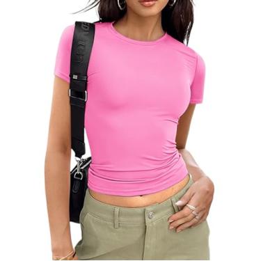 Imagem de Zeagoo Camisetas femininas de manga curta, gola redonda, justa, justa, elástica, colado ao corpo, camiseta básica, Vermelho rosa, P