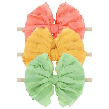 Imagem de Lanmerry Arcos grandes de renda para bebês faixas de cabelo elásticas laços de cabelo crianças acessórios de cabelo macio recém-nascido crianças pequenas amarelo pêssego verde claro 3 peças