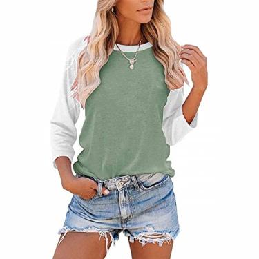 Imagem de Camisetas femininas casuais de manga 3/4 de comprimento leve, com blocos de cores, blusas confortáveis, Verde 2 Ofertas Relâmpago, M