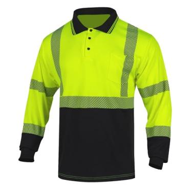 Imagem de FONIRRA Camiseta polo masculina Hi Vis Safety de alta visibilidade reflexiva para trabalho de construção, Amarelo_manga comprida, M