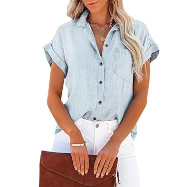 Imagem de Aoudery Camisa feminina de botão de cambraia com bolsos, túnica jeans de algodão, abotoada, manga curta, lisa, blusa alta e baixa, Branco azulado (cambraia), G