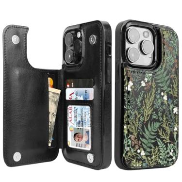 Imagem de uCOLOR Capa carteira compatível com iPhone 13 Pro com compartimentos para cartões, capa carteira de telefone com suporte RFID em mármore para mulheres e meninas de 6,1 polegadas (samambaias)