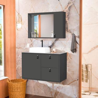 Imagem de Conjunto Gabinete para Banheiro com Cuba de Sobrepor, Tampo de Vidro e Espelheira Toro 80 Vd Grafite