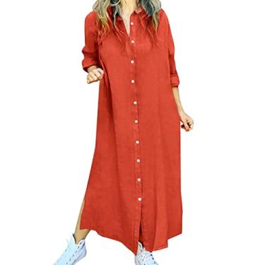 Imagem de Lainuyoah Vestido feminino casual para praia, verão, camisa com manga 2024, vestido de linho, botão e lapela, F-vermelho, P