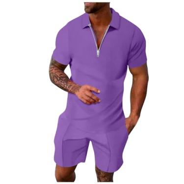 Imagem de Conjunto masculino 2024 de 2 peças, conjunto de camisa polo e shorts de manga curta com zíper, academia, treino, verão, 18 - roxo, G