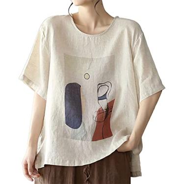 Imagem de Camisetas femininas estampadas de tamanho grande blusa de linho túnica casual solta trabalho verão 2024, Bege, 3G