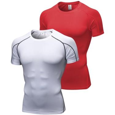 Imagem de SPVISE Pacote com 2 ou 4 camisetas masculinas de compressão de manga curta e secagem fresca para academia esportiva, Pacote com 2: branco + vermelho, XXG
