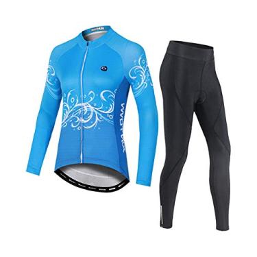 Imagem de Camisetas femininas de ciclismo - Roupas de ciclismo de manga comprida, além de veludo, mantêm aquecido, à prova de frio, alta elasticidade, azul, GG