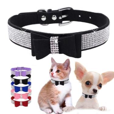 Imagem de Coleiras de strass preto para cães fêmeas com laço, coleiras de gato de diamante para meninas, coleira de filhote de cachorro, joia brilhante fofa ajustável para PPP XS pequeno e médio menino gatinho,